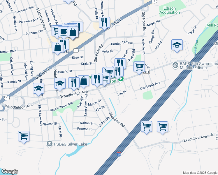 map of restaurants, bars, coffee shops, grocery stores, and more near 2250 Woodbridge Avenue in Edison