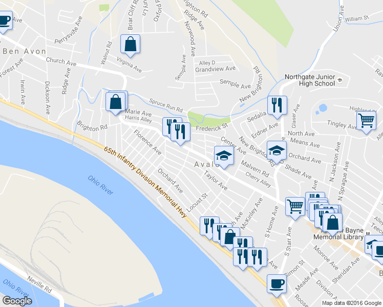 map of restaurants, bars, coffee shops, grocery stores, and more near 620 California Avenue in Pittsburgh