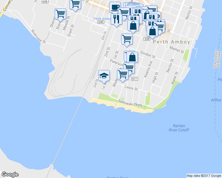 map of restaurants, bars, coffee shops, grocery stores, and more near 61 Madison Avenue in Perth Amboy