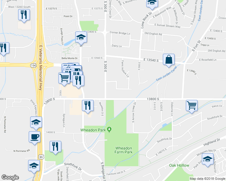 map of restaurants, bars, coffee shops, grocery stores, and more near 13742 Brown Farm Lane in Draper