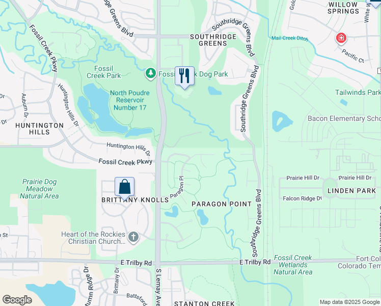 map of restaurants, bars, coffee shops, grocery stores, and more near 1230 Paragon Place in Fort Collins