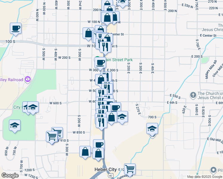 map of restaurants, bars, coffee shops, grocery stores, and more near 67 East 500 South in Heber City