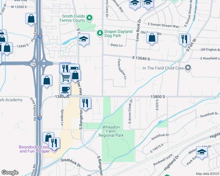 map of restaurants, bars, coffee shops, grocery stores, and more near 13742 Brown Farm Lane in Draper