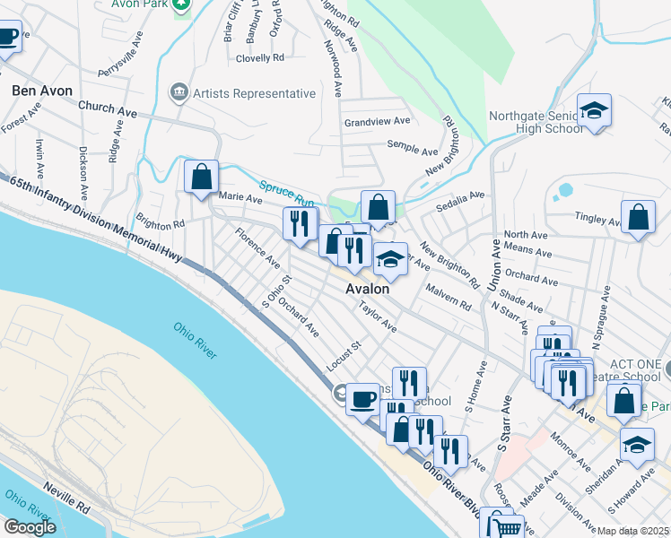 map of restaurants, bars, coffee shops, grocery stores, and more near 606 California Avenue in Pittsburgh