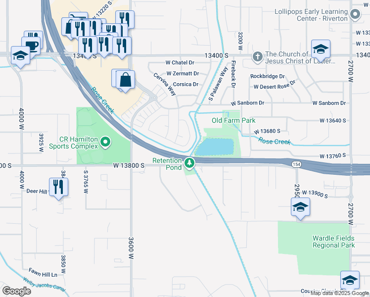 map of restaurants, bars, coffee shops, grocery stores, and more near 3403 West Mount Cortina Way in Riverton