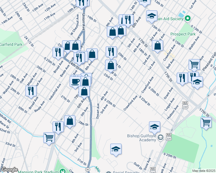 map of restaurants, bars, coffee shops, grocery stores, and more near 400-10 24th Street in Altoona