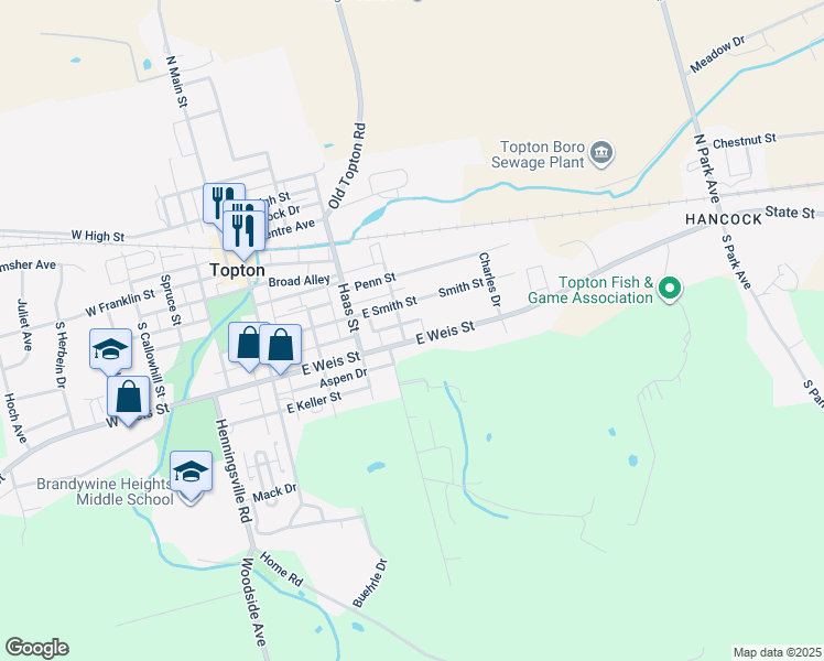 map of restaurants, bars, coffee shops, grocery stores, and more near 307 East Weis Street in Topton