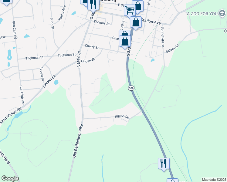 map of restaurants, bars, coffee shops, grocery stores, and more near 1990 Pennsylvania 309 in Coopersburg