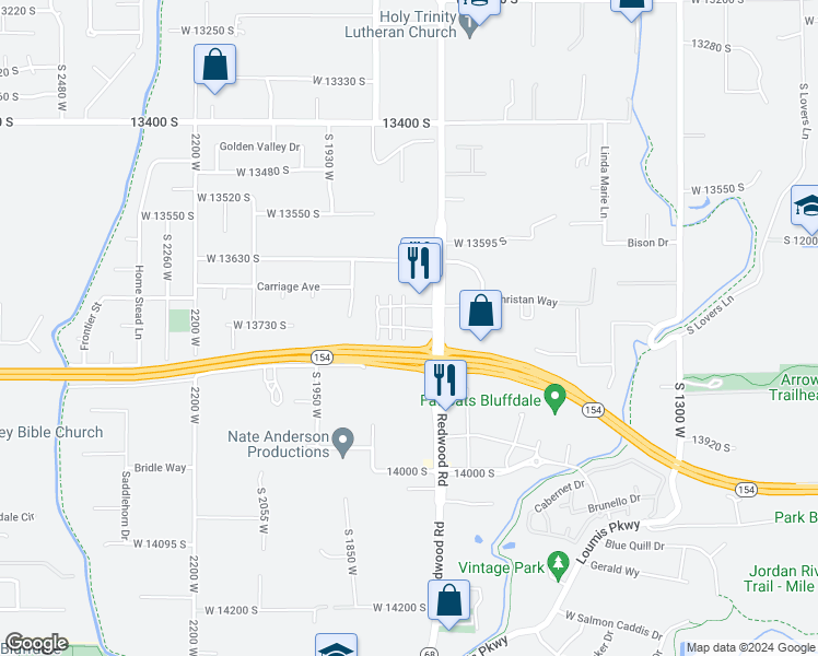 map of restaurants, bars, coffee shops, grocery stores, and more near Dalmeny Way in Riverton