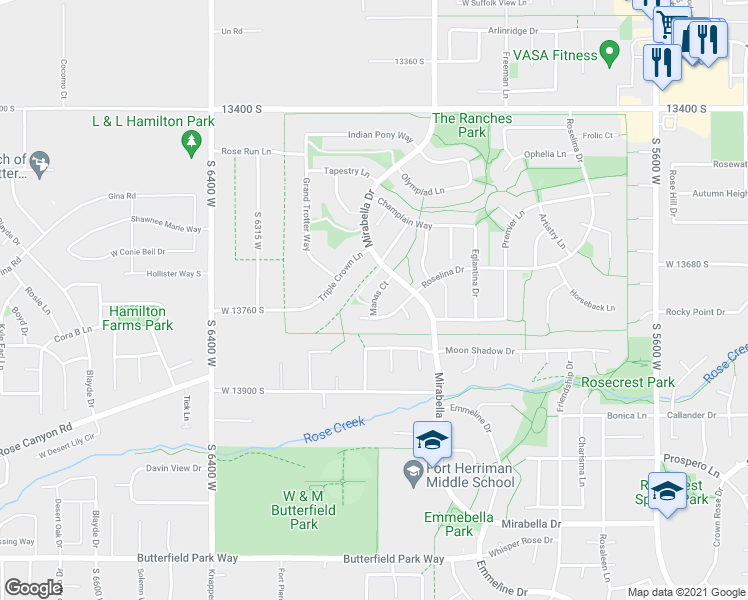 map of restaurants, bars, coffee shops, grocery stores, and more near 13733 Manas Court in Herriman
