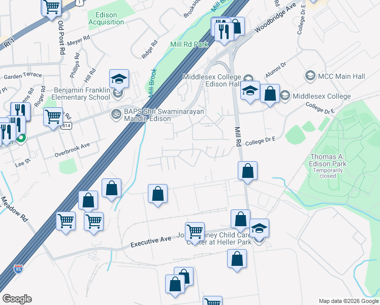 map of restaurants, bars, coffee shops, grocery stores, and more near 154 College Drive in Edison