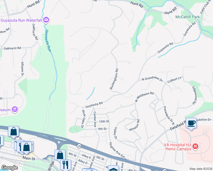 map of restaurants, bars, coffee shops, grocery stores, and more near 107 Buckingham Road in Pittsburgh