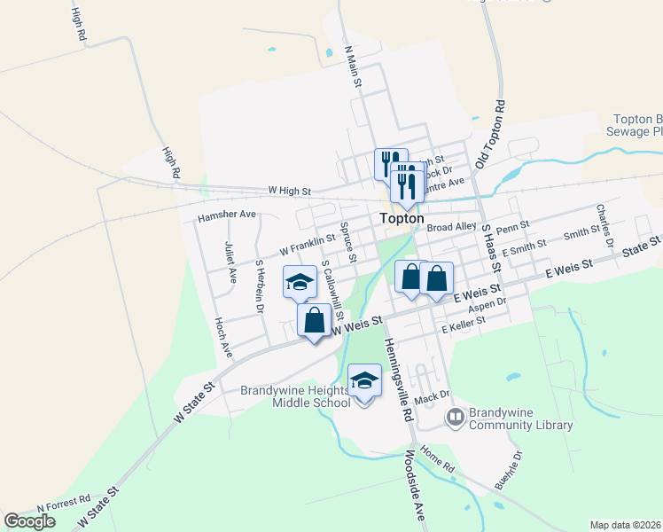 map of restaurants, bars, coffee shops, grocery stores, and more near 33 South Callowhill Street in Topton