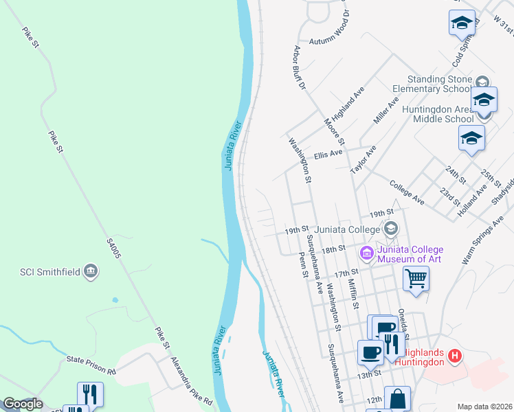 map of restaurants, bars, coffee shops, grocery stores, and more near 7 20th Street in Huntingdon