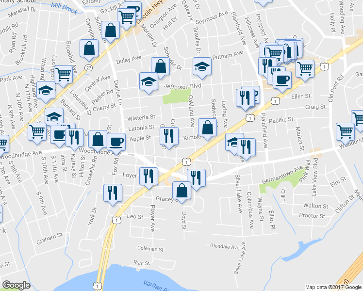 map of restaurants, bars, coffee shops, grocery stores, and more near 9 Fayette Street in Edison