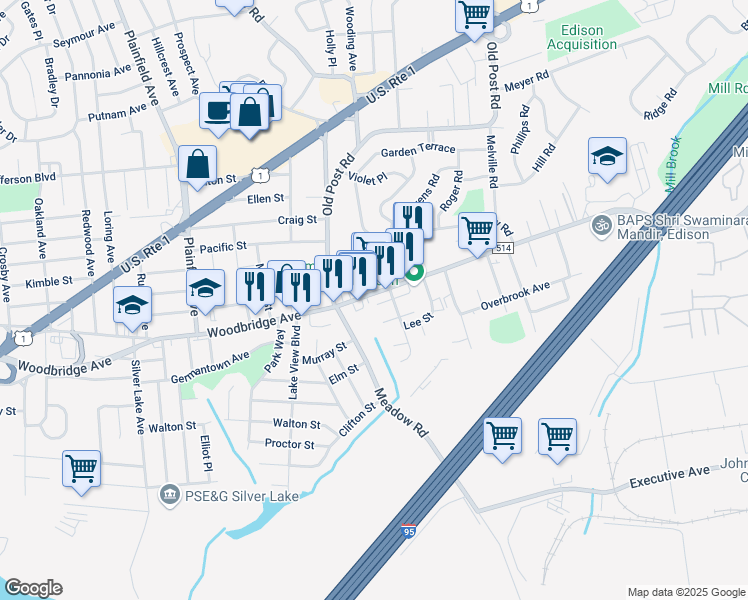 map of restaurants, bars, coffee shops, grocery stores, and more near 2250 Woodbridge Avenue in Edison