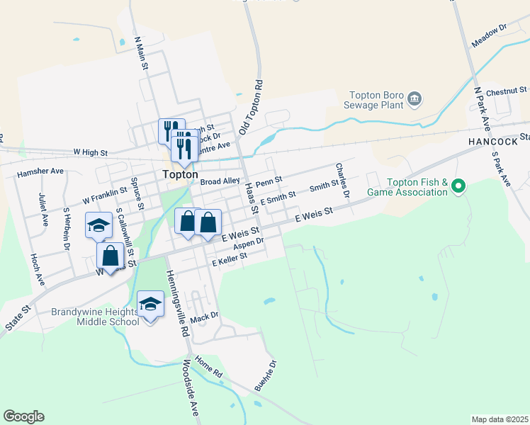 map of restaurants, bars, coffee shops, grocery stores, and more near 217 Poplar Drive in Topton