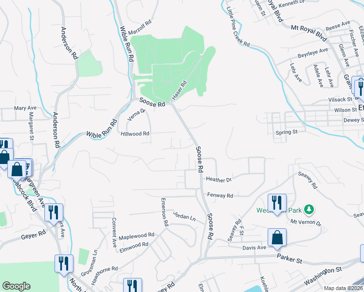 map of restaurants, bars, coffee shops, grocery stores, and more near 6202 Elter Court in Pittsburgh