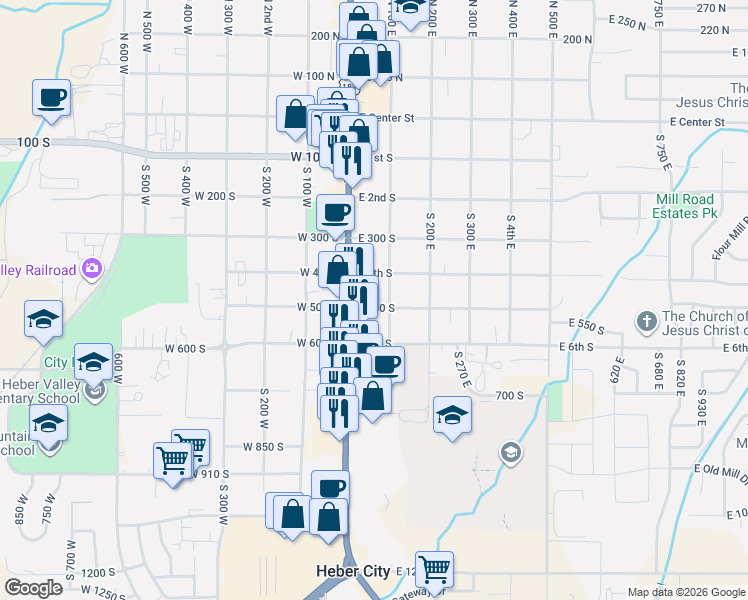 map of restaurants, bars, coffee shops, grocery stores, and more near 67 East 500 South in Heber City