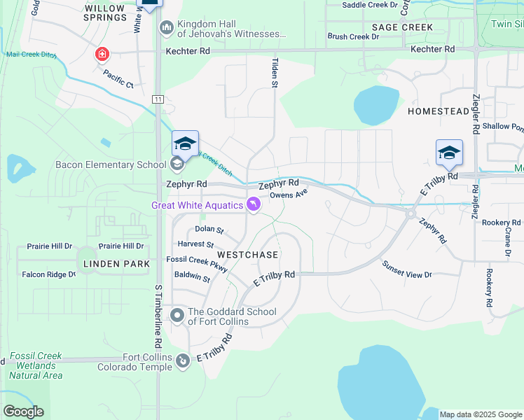 map of restaurants, bars, coffee shops, grocery stores, and more near 2424 Chandler Court in Fort Collins