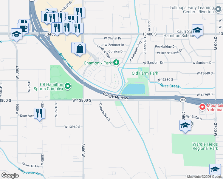 map of restaurants, bars, coffee shops, grocery stores, and more near 3423 West Mount Cortina Way in Riverton