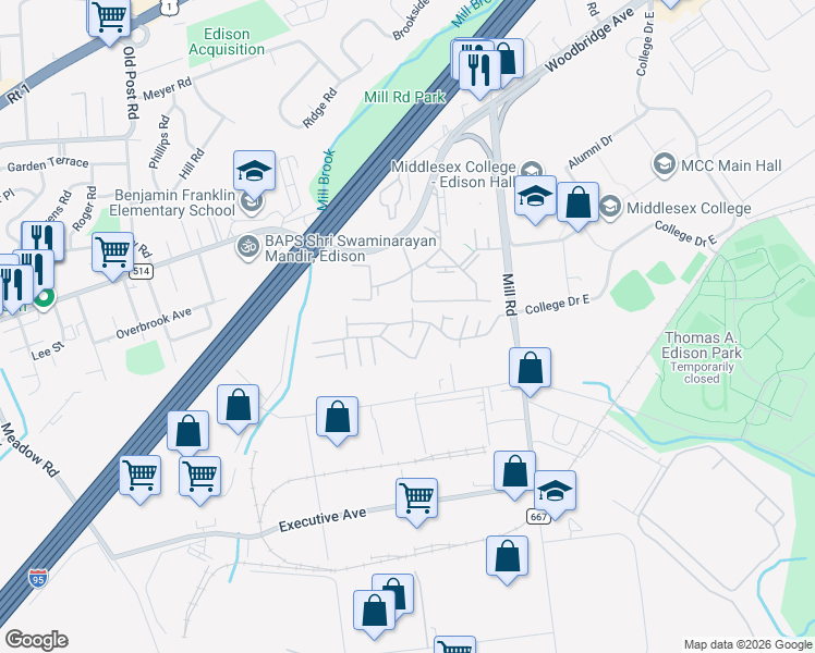 map of restaurants, bars, coffee shops, grocery stores, and more near 154 College Drive in Edison
