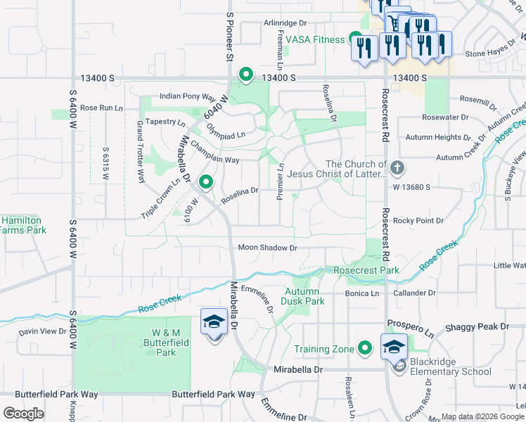 map of restaurants, bars, coffee shops, grocery stores, and more near 13743 South Eglantina Lane in Herriman