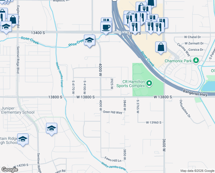map of restaurants, bars, coffee shops, grocery stores, and more near 3972 Deer Horn Drive in Riverton