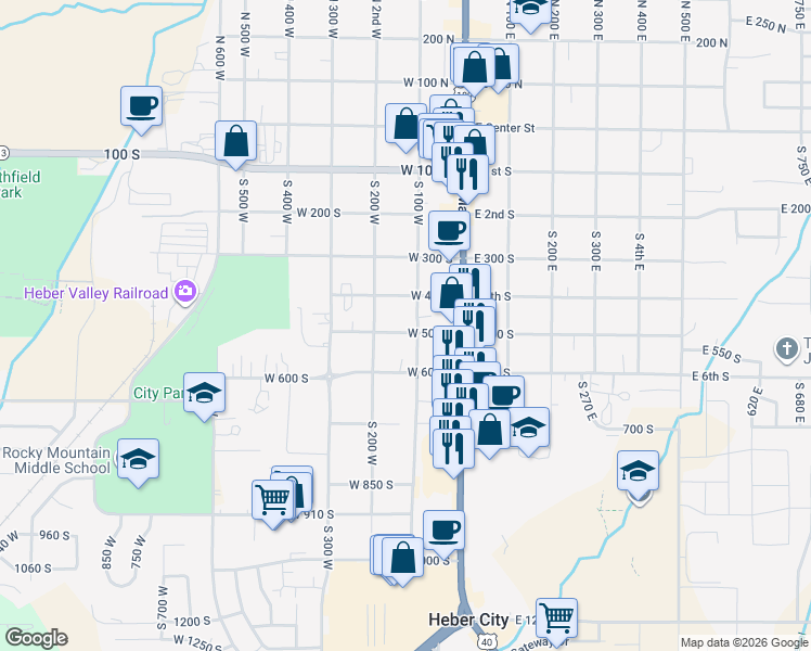 map of restaurants, bars, coffee shops, grocery stores, and more near 486 South 100 West in Heber City