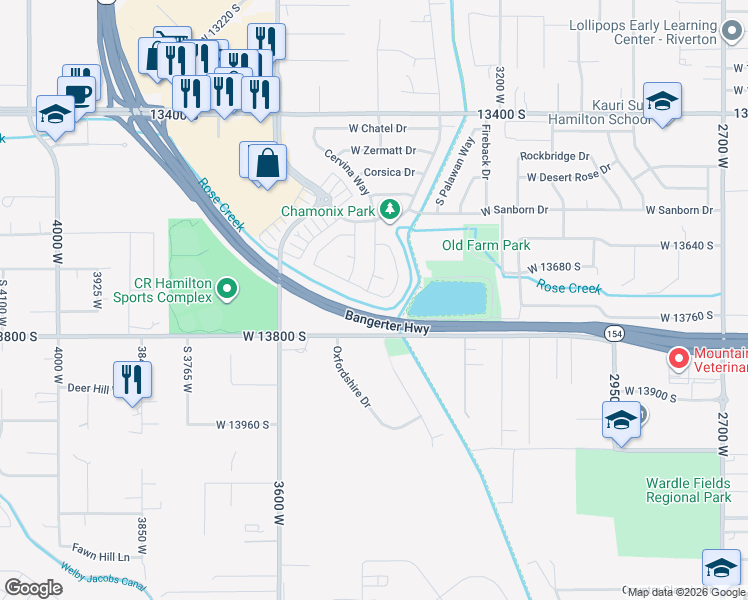 map of restaurants, bars, coffee shops, grocery stores, and more near 3399 West Mount Cortina Way in Riverton