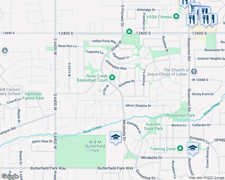 map of restaurants, bars, coffee shops, grocery stores, and more near 6039 Intrigue Drive in Herriman