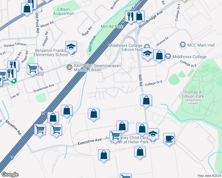 map of restaurants, bars, coffee shops, grocery stores, and more near 154 College Drive in Edison
