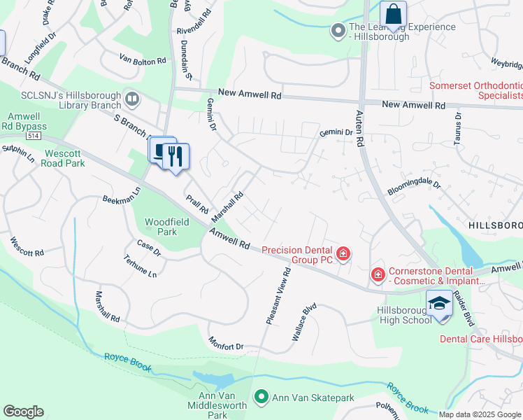 map of restaurants, bars, coffee shops, grocery stores, and more near 914B Merritt Drive in Somerset County