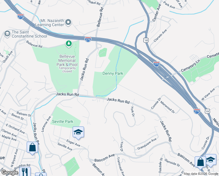 map of restaurants, bars, coffee shops, grocery stores, and more near 234 Denny Park Drive in Pittsburgh