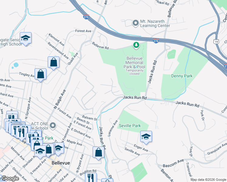 map of restaurants, bars, coffee shops, grocery stores, and more near 101 Pinewood Court in Pittsburgh