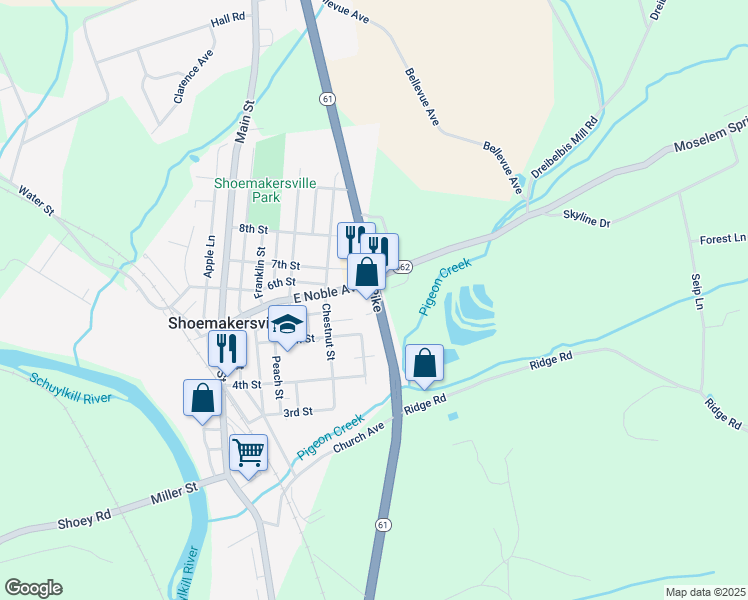 map of restaurants, bars, coffee shops, grocery stores, and more near 544 Shoemaker Ave in Shoemakersville