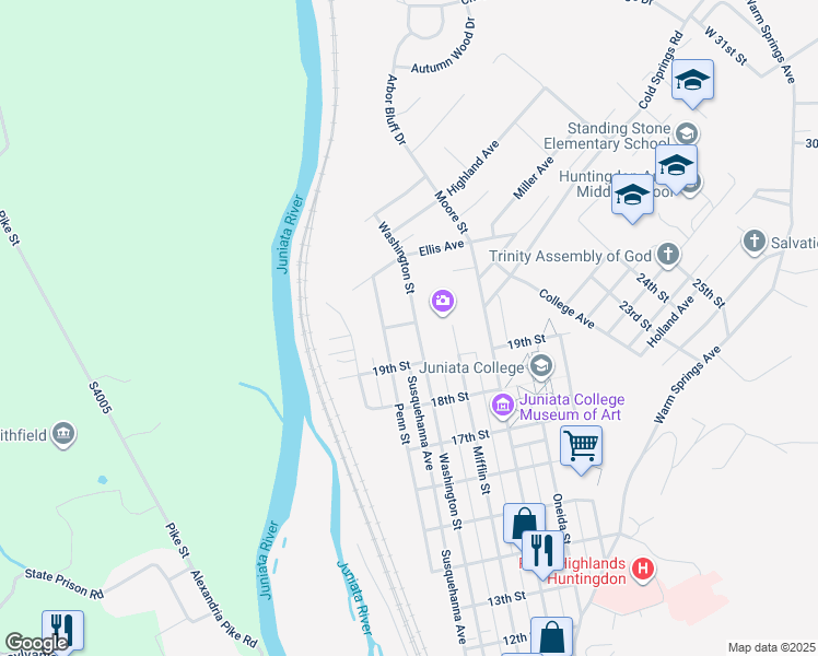 map of restaurants, bars, coffee shops, grocery stores, and more near 1936 Washington Street in Huntingdon