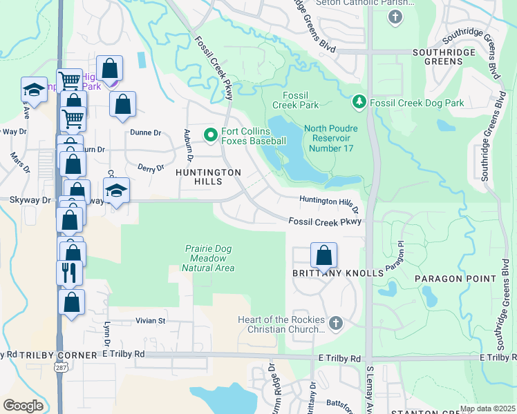 map of restaurants, bars, coffee shops, grocery stores, and more near 11789 Fossil Creek Parkway in Fort Collins