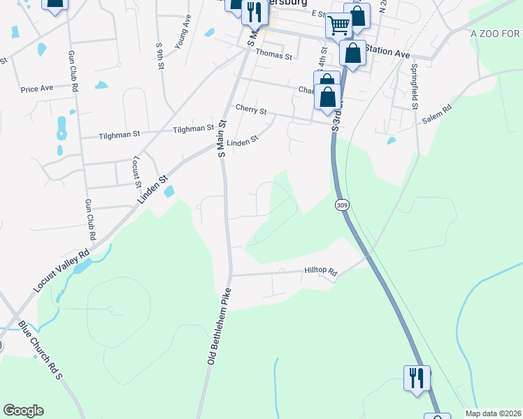 map of restaurants, bars, coffee shops, grocery stores, and more near 7535 South Main Street in Coopersburg