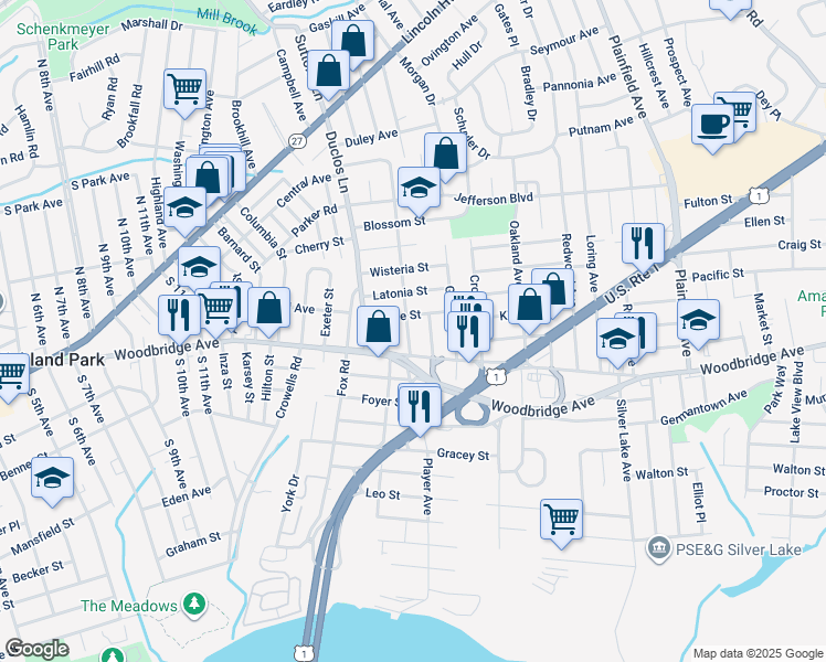 map of restaurants, bars, coffee shops, grocery stores, and more near 9 Orange Street in Edison