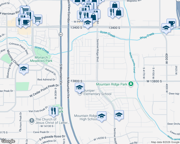 map of restaurants, bars, coffee shops, grocery stores, and more near 13734 South Langdon Drive in Riverton