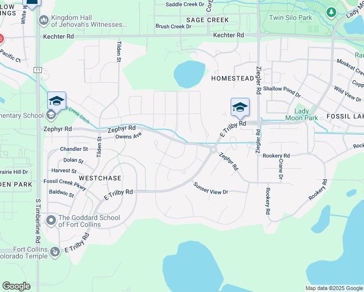 map of restaurants, bars, coffee shops, grocery stores, and more near 6117 Hawks Perch Lane in Fort Collins