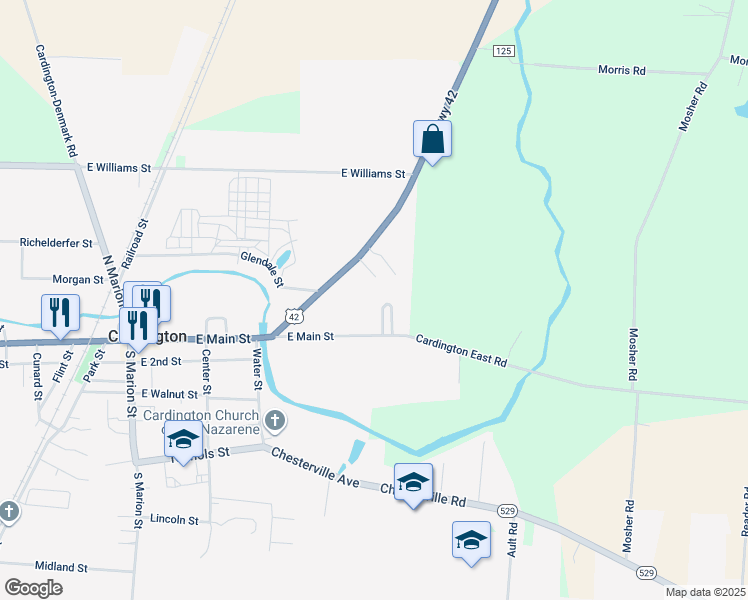 map of restaurants, bars, coffee shops, grocery stores, and more near 103 Riverview Drive in Cardington