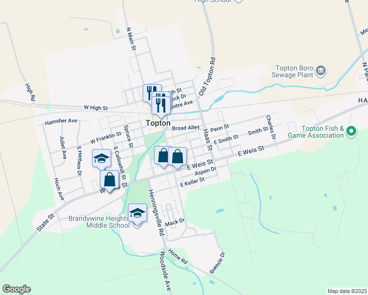 map of restaurants, bars, coffee shops, grocery stores, and more near 33 East Smith Street in Topton