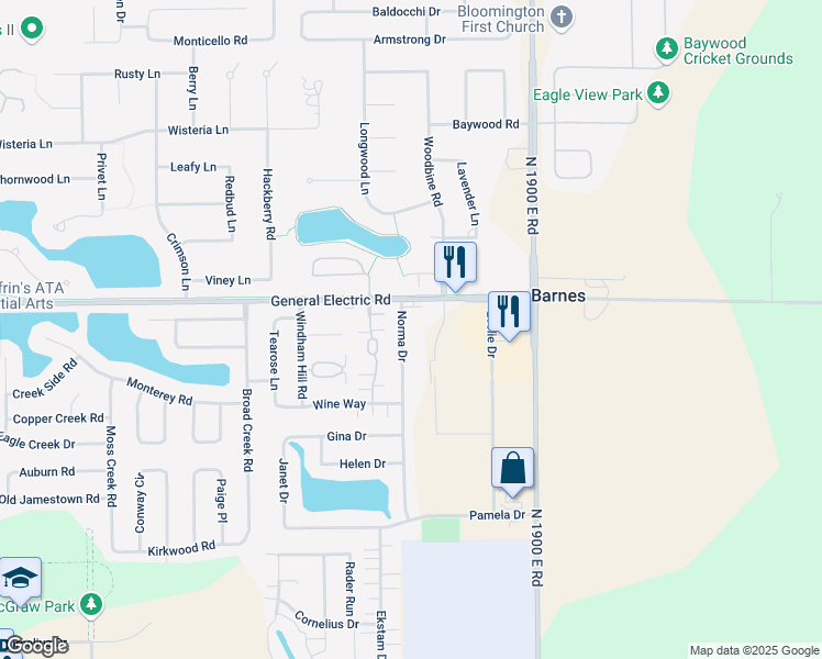 map of restaurants, bars, coffee shops, grocery stores, and more near 1418 Norma Drive in Bloomington