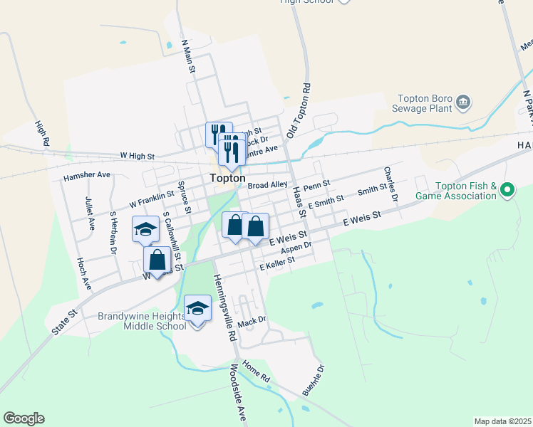 map of restaurants, bars, coffee shops, grocery stores, and more near 37 East Smith Street in Topton