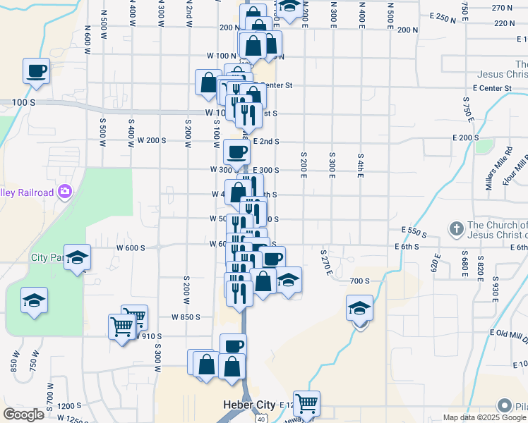 map of restaurants, bars, coffee shops, grocery stores, and more near 67 East 500 South in Heber City