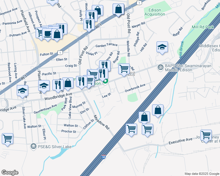 map of restaurants, bars, coffee shops, grocery stores, and more near 1 Ethel Road in Edison