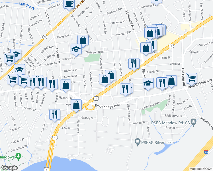 map of restaurants, bars, coffee shops, grocery stores, and more near 299 U.S. 1 in Edison