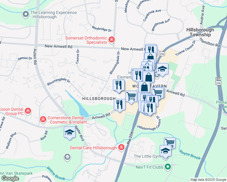 map of restaurants, bars, coffee shops, grocery stores, and more near 435 Amwell Road in Somerset County